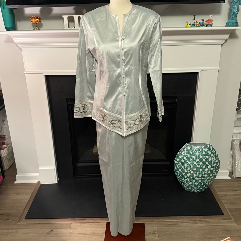 Maggie Shepherd 100% Silk Two-Piece Set — Embroidered Trim (Top S / Skirt M)
